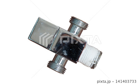 Close up studio shot of a shiny metallic water valve fitting isolated against a clean white background. Chrome plated part has thread wrapped ends demonstrating precise industrial for ready to use. Close up studio shot of a shiny metallic water valve fitting isolated against a clean white background. Chrome plated part has thread wrapped ends demonstrating precise industrial for ready to use. 141403733