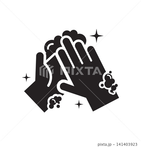 Hand-washing icon with soap bubbles for cleanliness, hygiene, and sanitation. 141403923