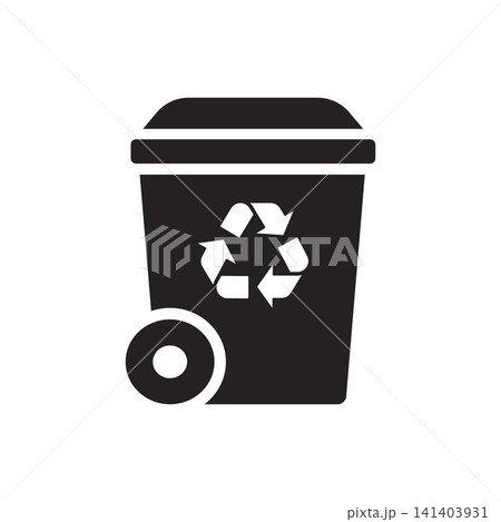 Trash bin icon featuring a recycling symbol on a wheeled bin, representing eco-friendly waste management. Trash bin icon featuring a recycling symbol on a wheeled bin, representing eco-friendly waste management. 141403931