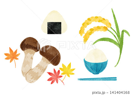 松茸と紅葉•稲穂とおにぎりとお茶碗•秋の味覚の水彩イラストセット 141404168