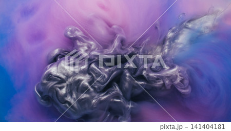 Shimmering mist. Paint cloud. Silver shiny fume dye swirl in purple colorful liquid. Glitter blur curl gray splash texture abstract background. Shimmering mist. Paint cloud. Silver shiny fume dye swirl in purple colorful liquid. Glitter blur curl gray splash texture abstract background. 141404181