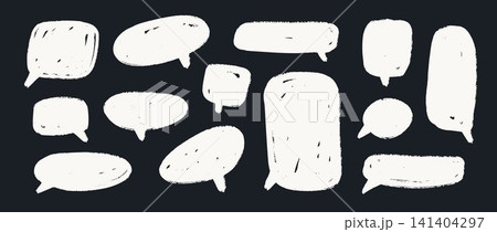 Scribbled speech bubble doodles on chalkboard. White hand drawn dialog boxes on blackboard. Rough sketched comic talk frames. Crayon balloon text box bundle. Vector pastel chalk pencil chat cloud pack 141404297