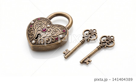 Vintage heart shaped brass padlock with two ornate skeleton keys security skeleton romantic embossed gemstone metallic valentines protection mechanism ornamental decorative craftsmanship 141404389