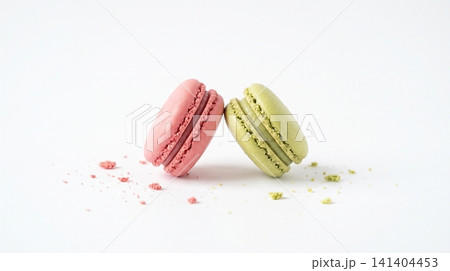 Two gourmet french macaron cookies in pink and pistachio green with pistachio raspberry confection delicate isolated photography delicious colorful meringue confectionery culinary handmade 141404453