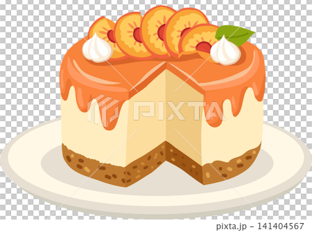 Peach Cheesecake with Fresh Fruit Slices and Whipped Cream 141404567