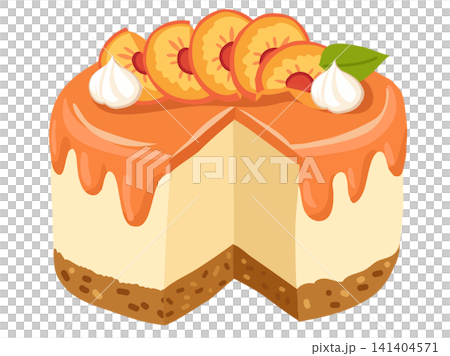 A peach cheesecake with fruit slices and whipped cream on a biscuit crust illustrated A peach cheesecake with fruit slices and whipped cream on a biscuit crust illustrated 141404571