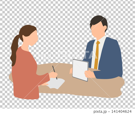 A woman and a man in a suit are consulting at a counter. A woman and a man in a suit are consulting at a counter. 141404624