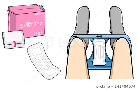 生理用ナプキンのパッケージとショーツの足ぐりに足を通した状態でマチにつけた時のイメージ図 141404674