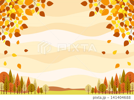 秋のフィールド背景、紅葉、かわいい、イラスト、横 141404688