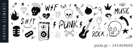 Punk scribble doodle. Rock chaos illustration. Vector gothic skull icons. Messy crayon sketchbook marks Punk scribble doodle. Rock chaos illustration. Vector gothic skull icons. Messy crayon sketchbook marks 141404689