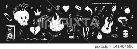 Rock music collage. Crayon doodle skull icons. Ink rough brushstrokes and funky paper chaos. Vector illustration on black background 141404690