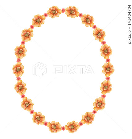 Summer marigold oval wreath watercolor illustration. Hand drawn red flower frame with orange petal around copy space. Decorative design for birthday greeting card. Vintage botanical autumn template. Summer marigold oval wreath watercolor illustration. Hand drawn red flower frame with orange petal around copy space. Decorative design for birthday greeting card. Vintage botanical autumn template. 141404704