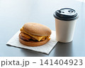 hot coffee with burger and french fries 141404923