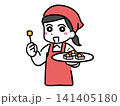試食販売の赤いエプロンを着た笑顔の若い女性スタッフ(上半身) 141405180