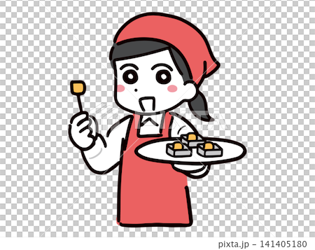 A young female staff member (upper body) wearing a red apron and smiling, offering samples for sale. A young female staff member (upper body) wearing a red apron and smiling, offering samples for sale. 141405180