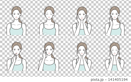 女性のスキンケアと表情のバリエーションイラスト8点セット(保湿・マッサージ・ケア) 女性のスキンケアと表情のバリエーションイラスト8点セット(保湿・マッサージ・ケア) 141405194