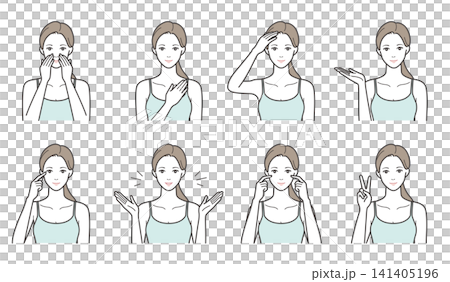 A set of 8 illustrations showing variations in women's beauty care and poses (guide, care for specific body parts, and poses). A set of 8 illustrations showing variations in women's beauty care and poses (guide, care for specific body parts, and poses). 141405196