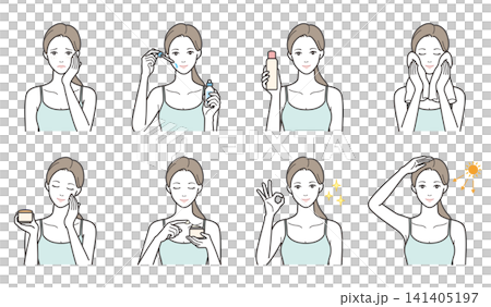 一套 8 幅插圖,描繪了女性的護膚、美容問題和化妝品(滴管、乳霜、紫外線護理和相關問題)。 一套 8 幅插圖,描繪了女性的護膚、美容問題和化妝品(滴管、乳霜、紫外線護理和相關問題)。 141405197
