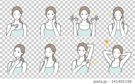 A set of 8 illustrations for women's body care, hair removal, and skincare (underarms, neck, hands, and UV protection). A set of 8 illustrations for women's body care, hair removal, and skincare (underarms, neck, hands, and UV protection). 141405198