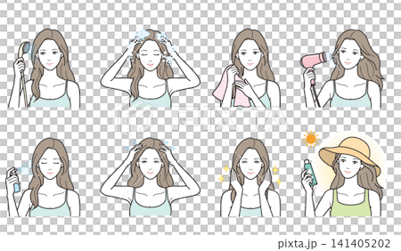 An 8-piece illustration set of a woman washing her hair, hair care, and UV protection (shampoo, hairdryer, scalp massage, hat). An 8-piece illustration set of a woman washing her hair, hair care, and UV protection (shampoo, hairdryer, scalp massage, hat). 141405202