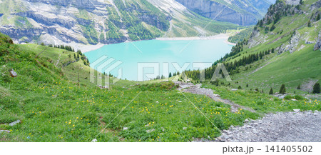 Scenic landscape of Oeschinensee or turquoise Oeschinen Lake in summer under blue sky with wildflowers and Stunning Swiss Alps. Spectacular green meadow hiking trail view, Kandersteg, Switzerland 141405502