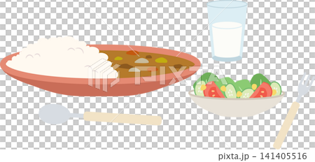 A set of illustrations of curry rice and salad - usable for lunch or recipes. 141405516