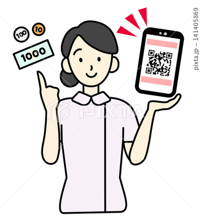 スマホのQRコード決済と会計を案内する看護師のイラスト（上半身・医療DX・自動精算）	 141405869