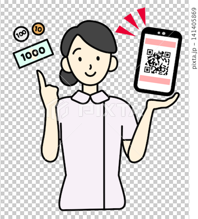 スマホのQRコード決済と会計を案内する看護師のイラスト（上半身・医療DX・自動精算）	 141405869