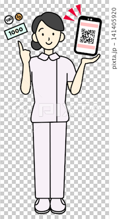 スマホのQRコード決済とキャッシュレス会計を案内する看護師のイラスト（全身・医療DX・自動精算） 141405920