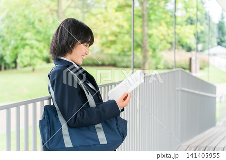 参考書,教科書,問題集を読みながら通学する受験生の女子高生,中学生,高校生 参考書,教科書,問題集を読みながら通学する受験生の女子高生,中学生,高校生 141405955