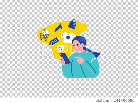 一位女士正在用智慧型手機購物的插圖 一位女士正在用智慧型手機購物的插圖 141406080