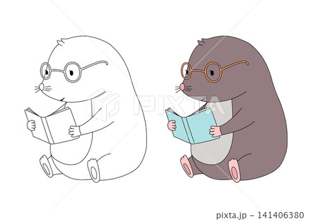 Cute baby mole animal reading book, cartoon character for kids. Vector isolated outline illustration for colouring page Cute baby mole animal reading book, cartoon character for kids. Vector isolated outline illustration for colouring page 141406380