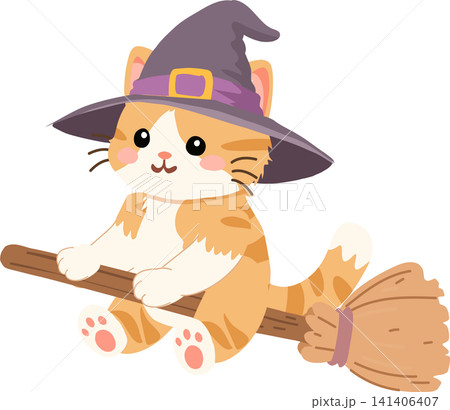 Cute orange witch cat flying on a broom in a magical Halloween scene during October Cute orange witch cat flying on a broom in a magical Halloween scene during October 141406407