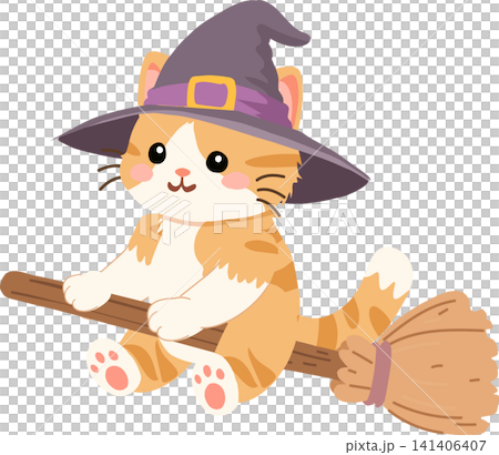 Cute orange witch cat flying on a broom in a magical Halloween scene during October Cute orange witch cat flying on a broom in a magical Halloween scene during October 141406407