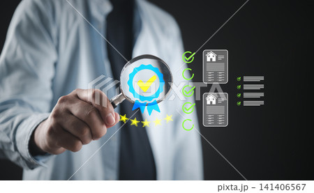 Man holding magnifying glass real estate inspection quality assurance property house home document contract mortgage approval certified badge evaluation. Man holding magnifying glass real estate inspection quality assurance property house home document contract mortgage approval certified badge evaluation. 141406567