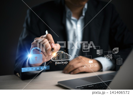 Businessman pen touching cloud backup password padlock security data network server technology cybersecurity digital storage privacy protection concept. Businessman pen touching cloud backup password padlock security data network server technology cybersecurity digital storage privacy protection concept. 141406572