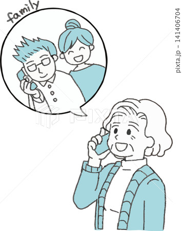家族に電話をする高齢女性のイラスト(シニア・おばあちゃん・見守り・防犯・2色・カラー) 家族に電話をする高齢女性のイラスト(シニア・おばあちゃん・見守り・防犯・2色・カラー) 141406704