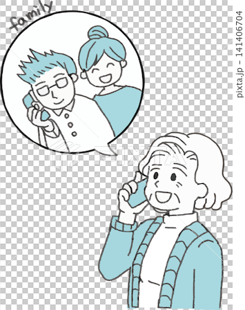 家族に電話をする高齢女性のイラスト(シニア・おばあちゃん・見守り・防犯・2色・カラー) 家族に電話をする高齢女性のイラスト(シニア・おばあちゃん・見守り・防犯・2色・カラー) 141406704