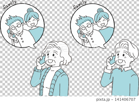 家族に電話をする高齢者男女のイラストセット（シニア・見守り・防犯・2色・カラー） 141406707