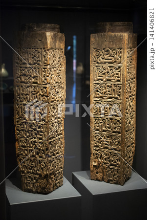 Intricately carved Islamic wooden panels displayed in museum exhibition Intricately carved Islamic wooden panels displayed in museum exhibition 141406821