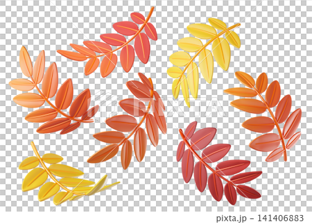 Set of colorful 3D fall autumn rowan leaves in orange, red and yellow colors isolated on background. Foliage elements for seasonal design, autumn decoration, harvest graphics, Halloween, Thanksgiving Set of colorful 3D fall autumn rowan leaves in orange, red and yellow colors isolated on background. Foliage elements for seasonal design, autumn decoration, harvest graphics, Halloween, Thanksgiving 141406883