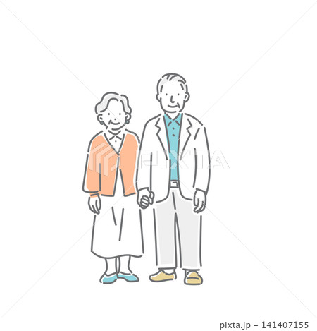 手をつないで立つ笑顔のシニア夫婦　シンプルでお洒落な線画イラスト 141407155