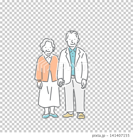 手をつないで立つ笑顔のシニア夫婦　シンプルでお洒落な線画イラスト 141407155