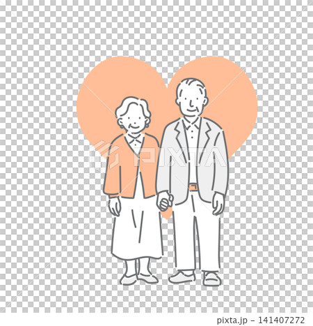 A smiling senior couple standing hand in hand - a simple and stylish line drawing illustration. A smiling senior couple standing hand in hand - a simple and stylish line drawing illustration. 141407272
