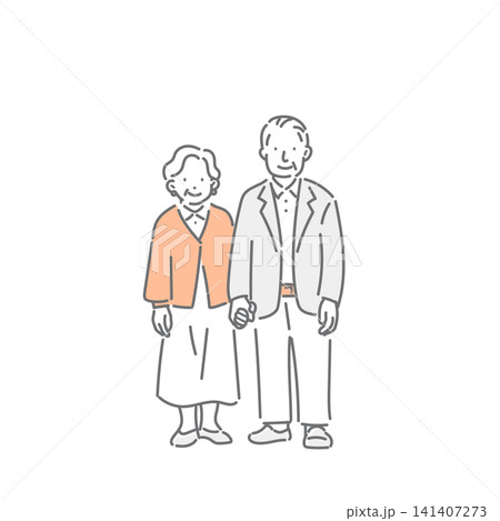 手をつないで立つ笑顔のシニア夫婦　シンプルでお洒落な線画イラスト 141407273