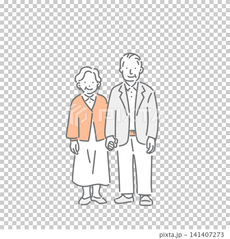 手をつないで立つ笑顔のシニア夫婦　シンプルでお洒落な線画イラスト 141407273
