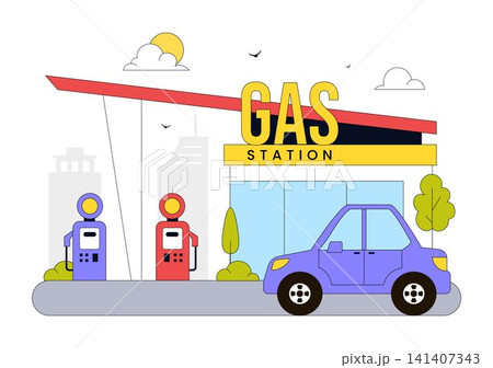 Gas Station Vector Illustration Featuring Fuel Service, Petrol Station, Car Refueling, Energy Supply, Gas Pumps, and Transportation Infrastructure Gas Station Vector Illustration Featuring Fuel Service, Petrol Station, Car Refueling, Energy Supply, Gas Pumps, and Transportation Infrastructure 141407343