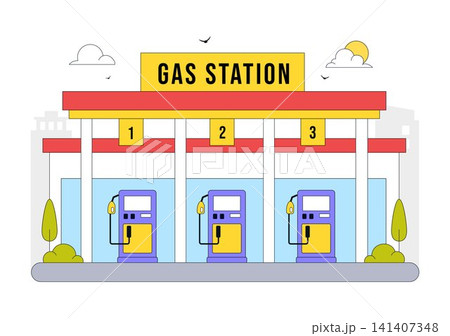 Gas Station Vector Illustration Featuring Fuel Service, Petrol Station, Car Refueling, Energy Supply, Gas Pumps, and Transportation Infrastructure 141407348