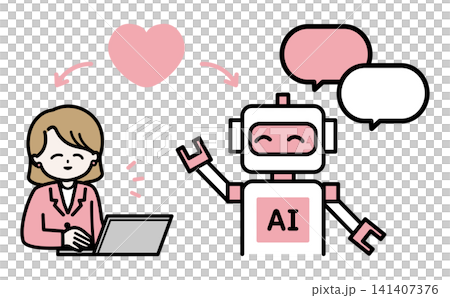 An illustration of a woman smiling and communicating with an AI robot. Friendly pink color scheme. Vector illustration. An illustration of a woman smiling and communicating with an AI robot. Friendly pink color scheme. Vector illustration. 141407376