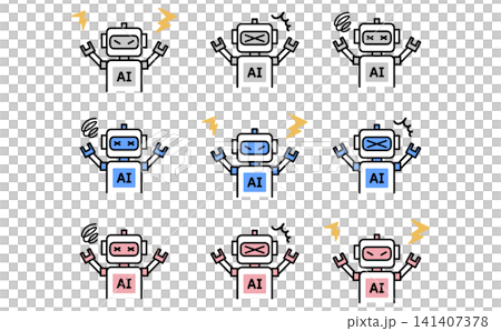 A set of color icons representing errors and troubles in an AI robot, showing expressions such as anger, confusion, malfunction, and freezing. 141407378